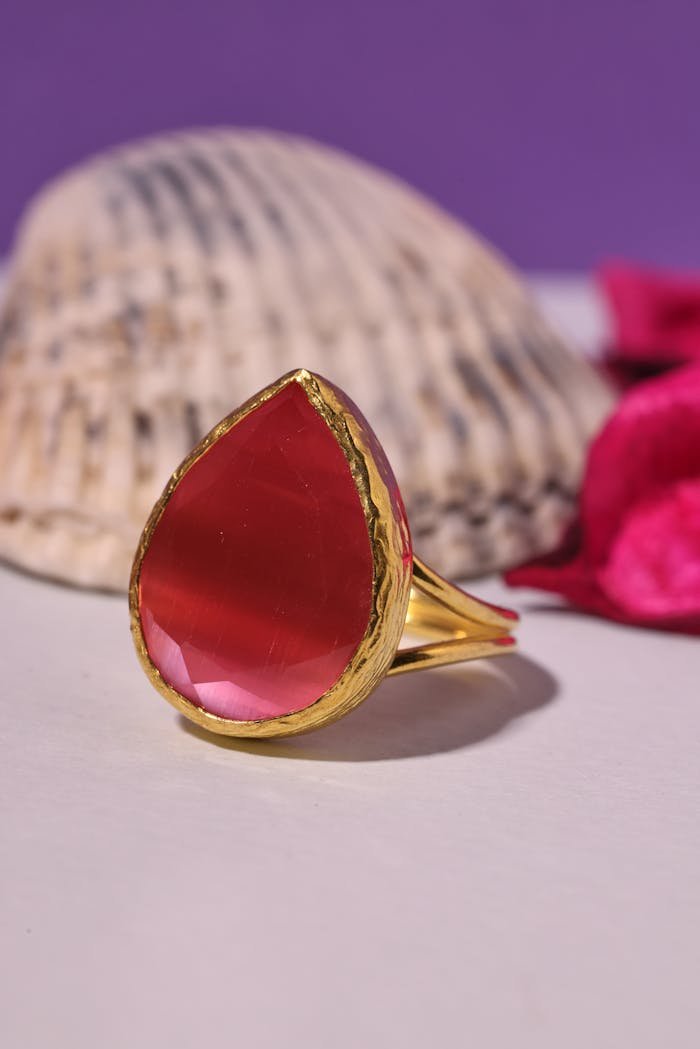 Close-up of a gold ring with a red gemstone placed against a shell and purple background.